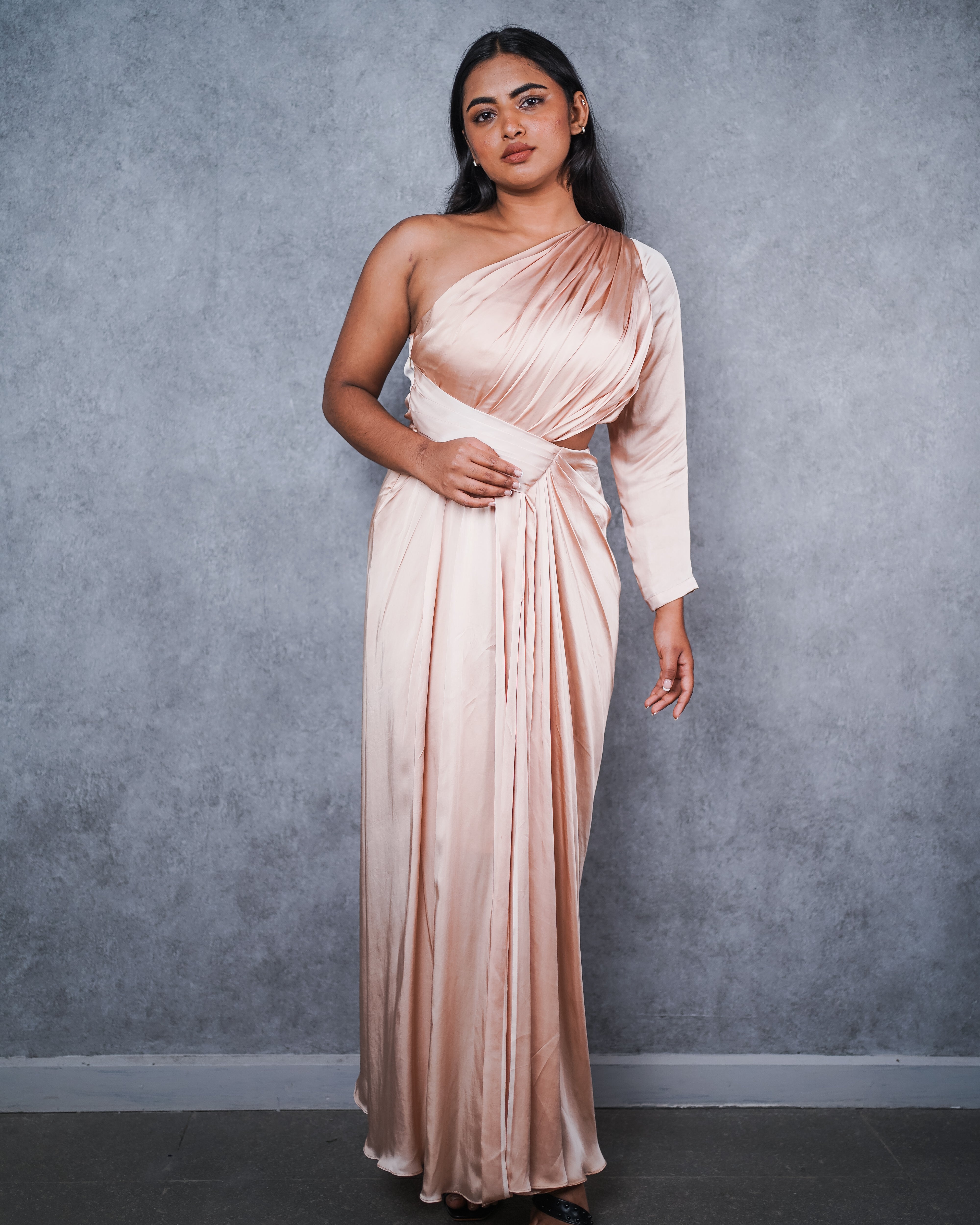 Champagne Pleated Cutout Dress