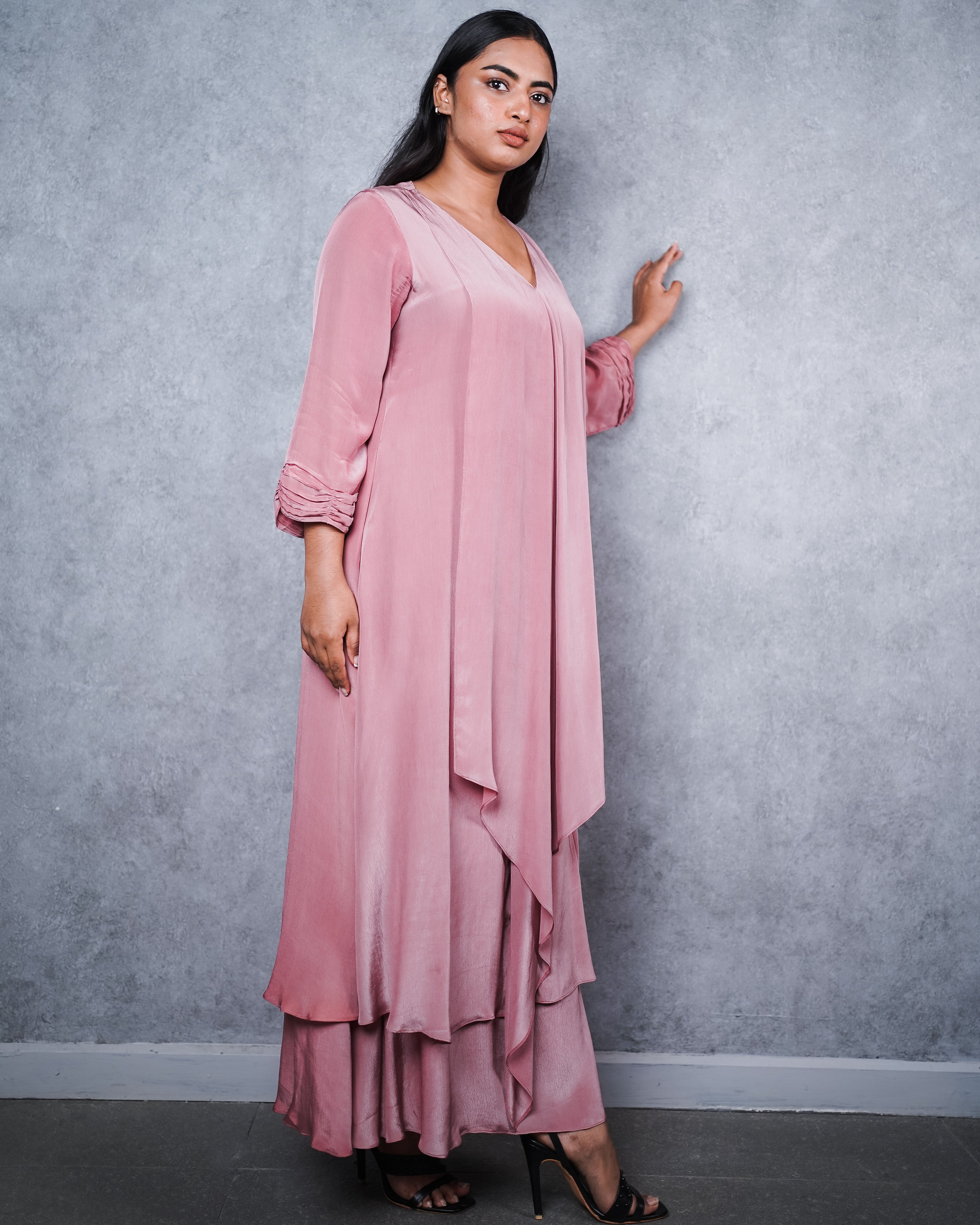 Pink Full Sleeve Asymmetric Dress