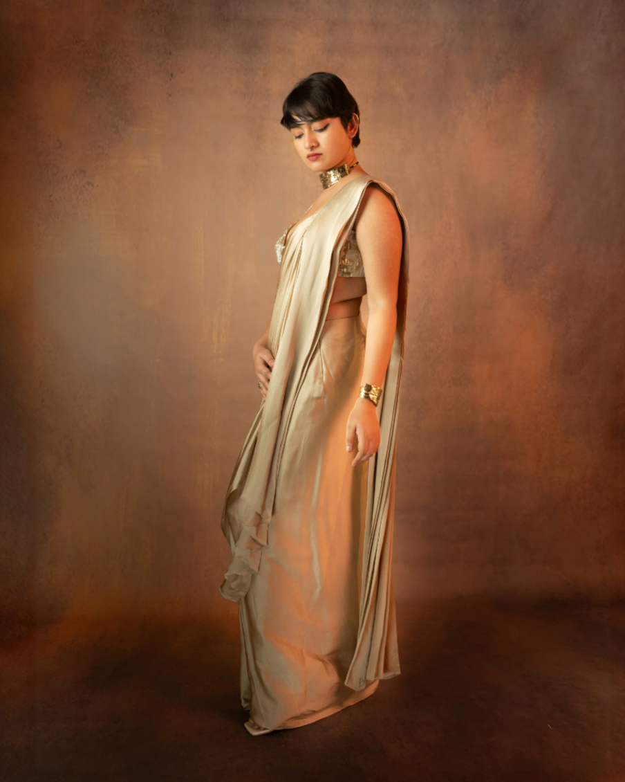 Aarohi | Stonish Beige Modal-Satin Draped Saree