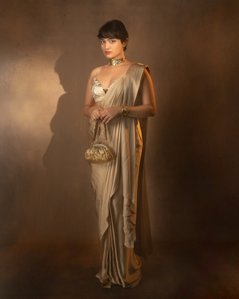 Aarohi | Stonish Beige Modal-Satin Draped Saree