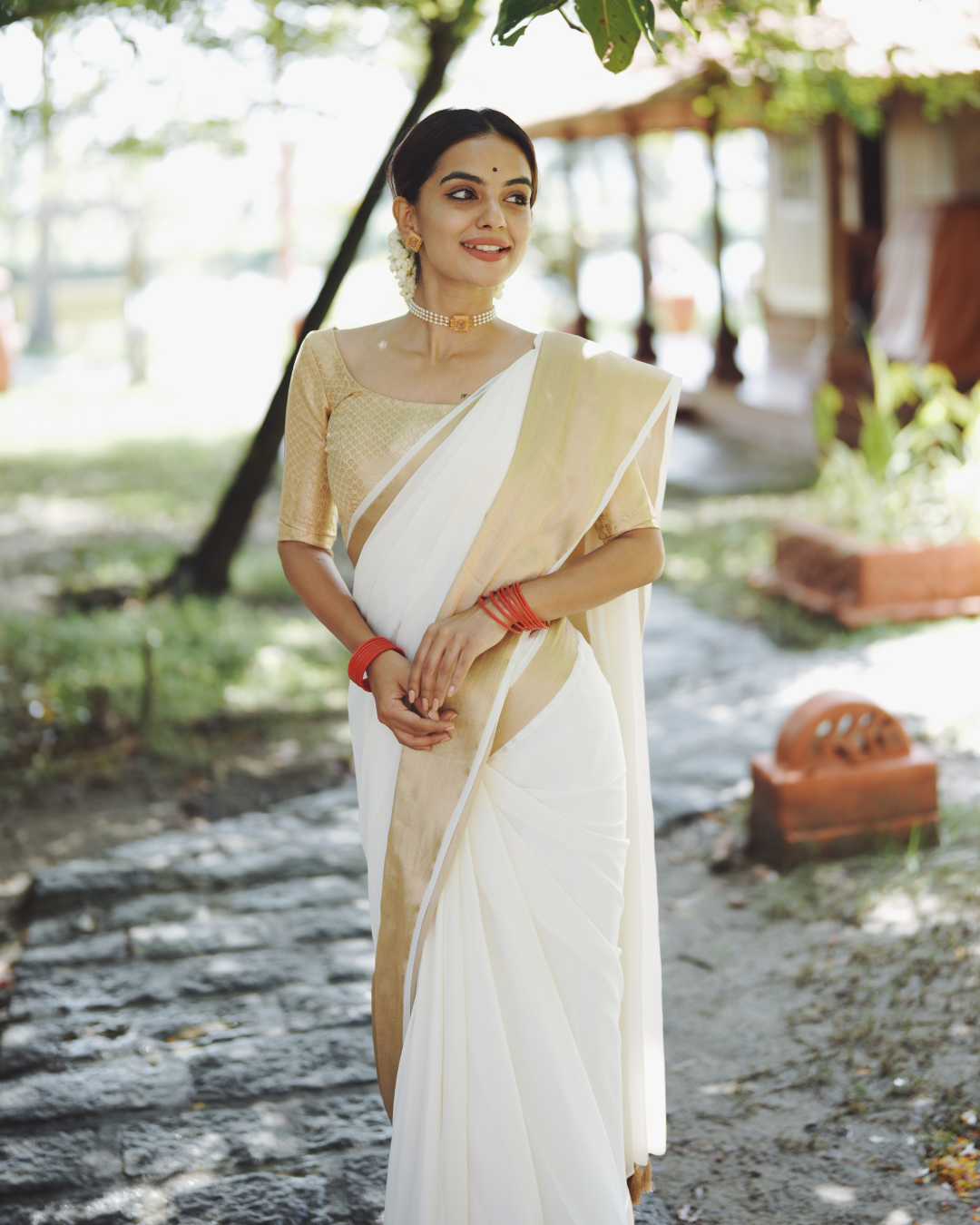 White-Gold Georgette Saree