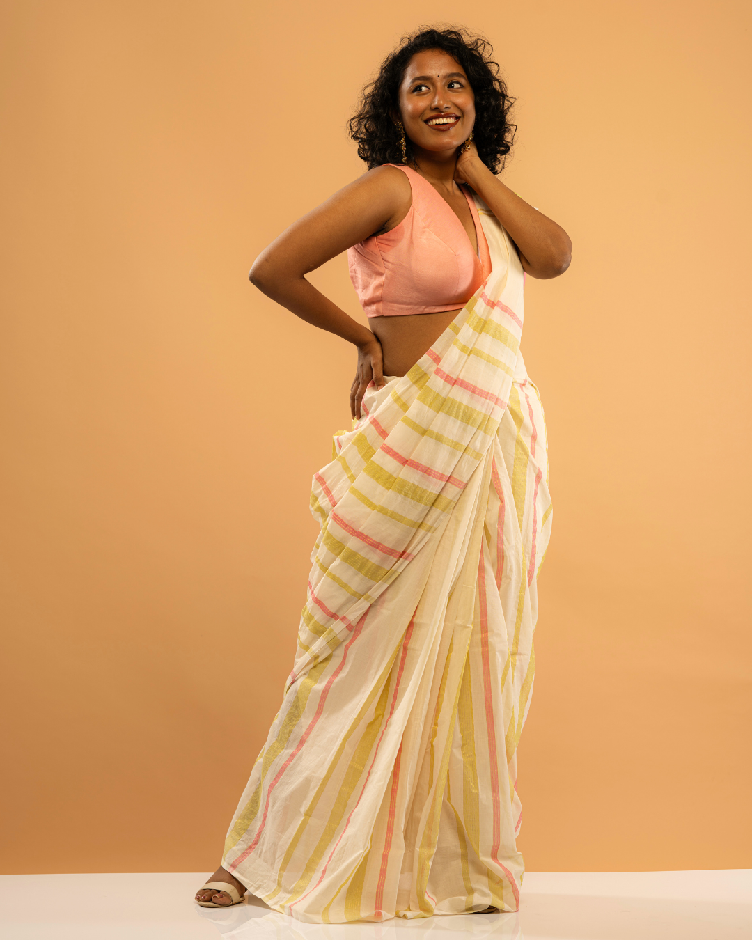 Poonchiri Poov | Pink-Lemon Green-Stripe Kasavu Saree