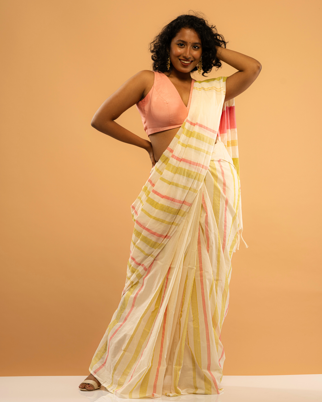 Poonchiri Poov | Pink-Lemon Green-Stripe Kasavu Saree