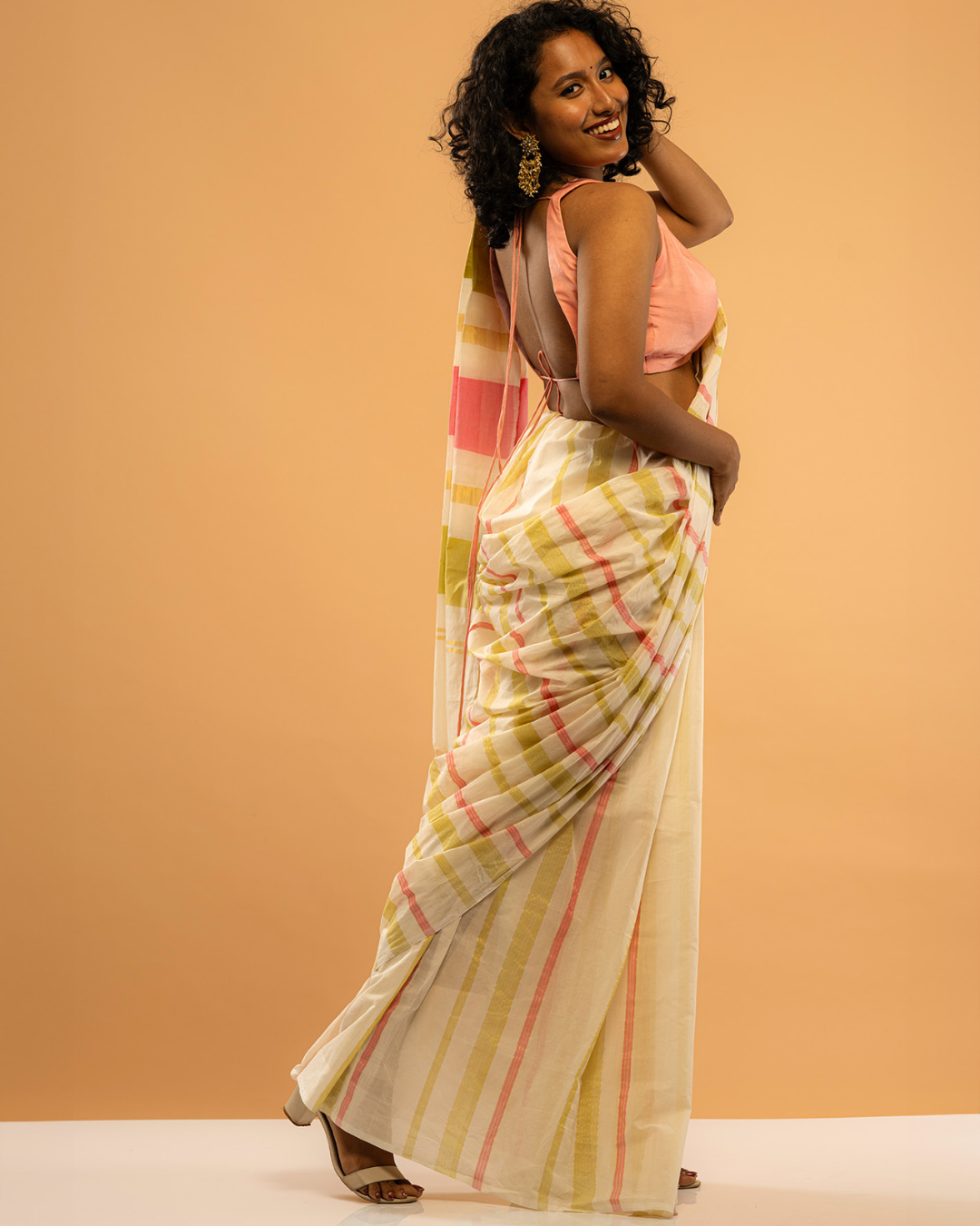 Poonchiri Poov | Pink-Lemon Green-Stripe Kasavu Saree