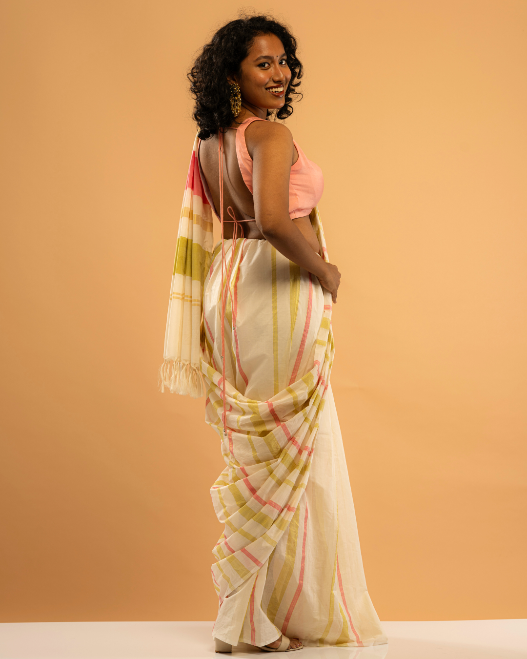 Poonchiri Poov | Pink-Lemon Green-Stripe Kasavu Saree
