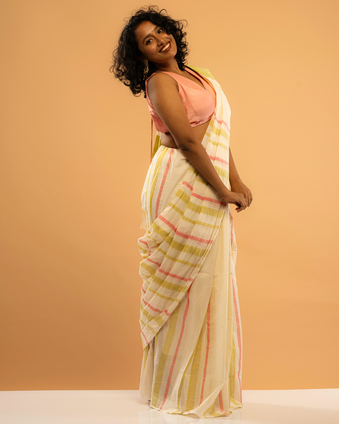 Poonchiri Poov | Pink-Lemon Green-Stripe Kasavu Saree