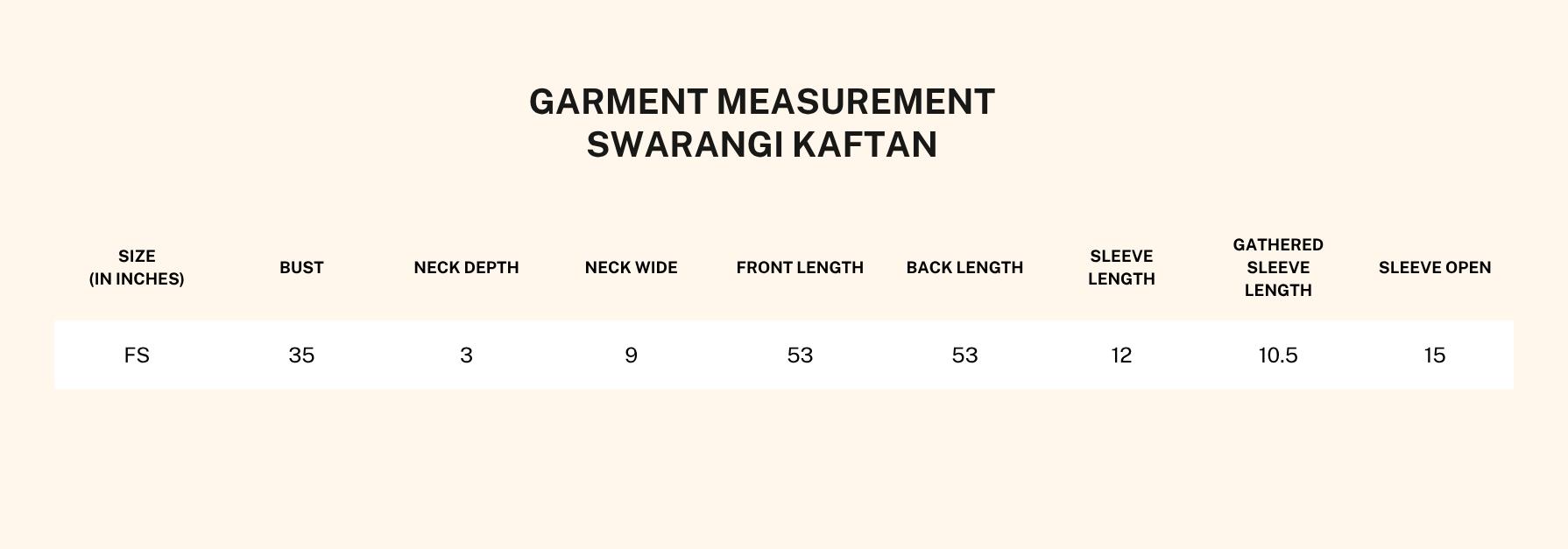 Garment measurements for Swarangi Blue Green Ombre Kaftan