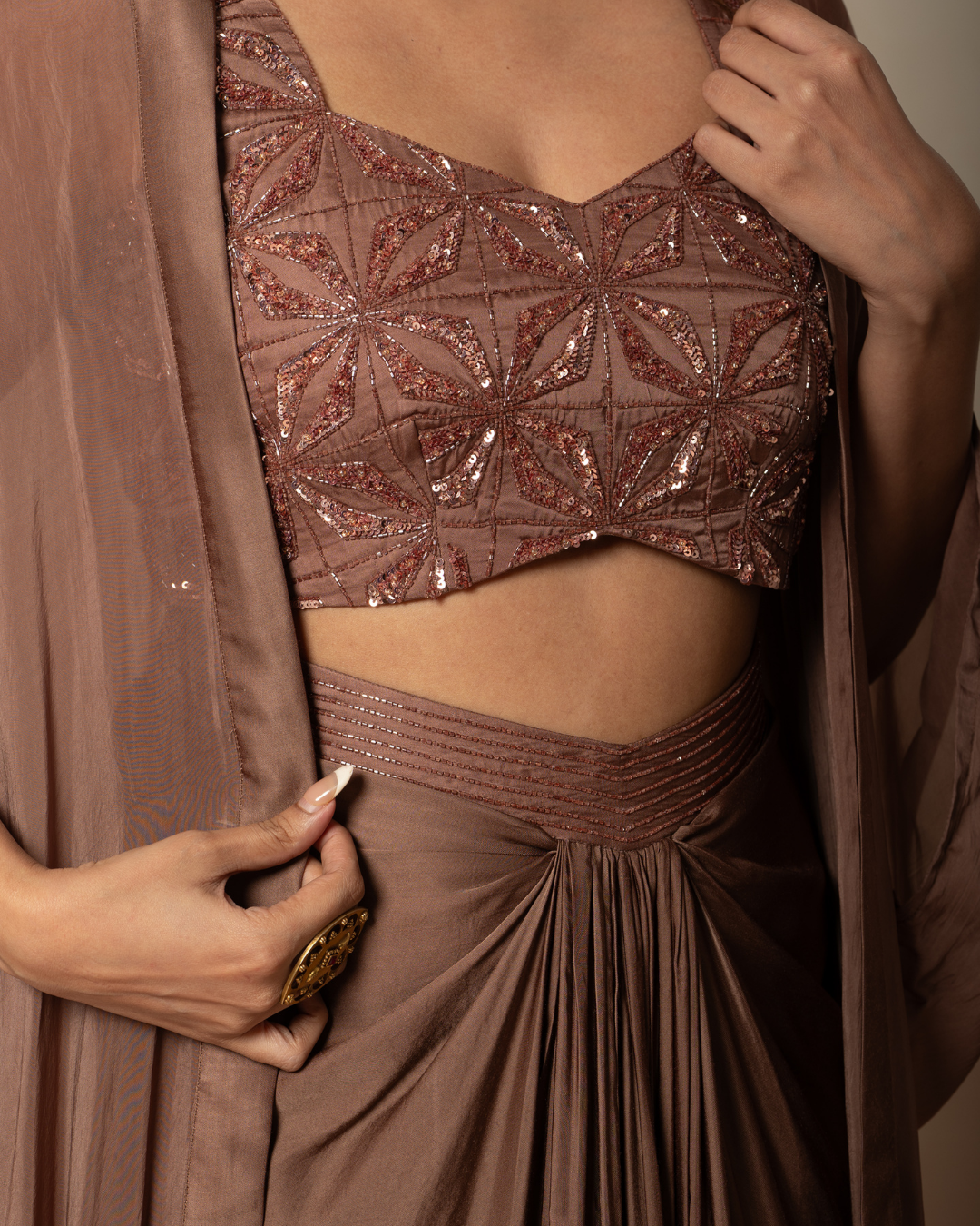 Rahi | Mocha Mousse Modal Satin Embroidered Blouse