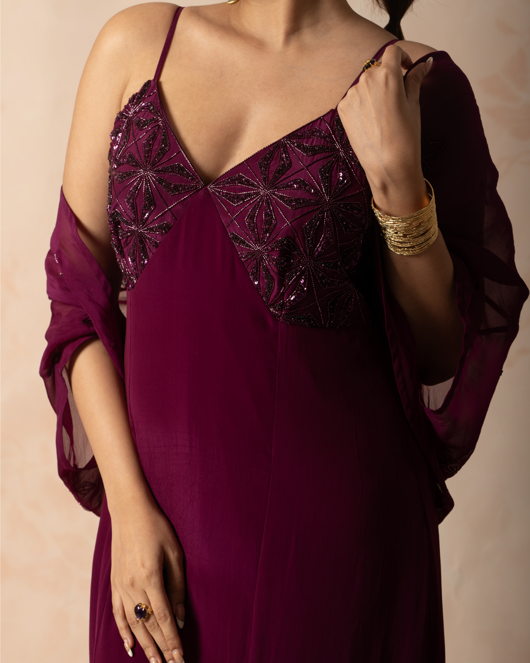 Tarini | Wine Colour Crepe Silk Embroidered Strappy Dress