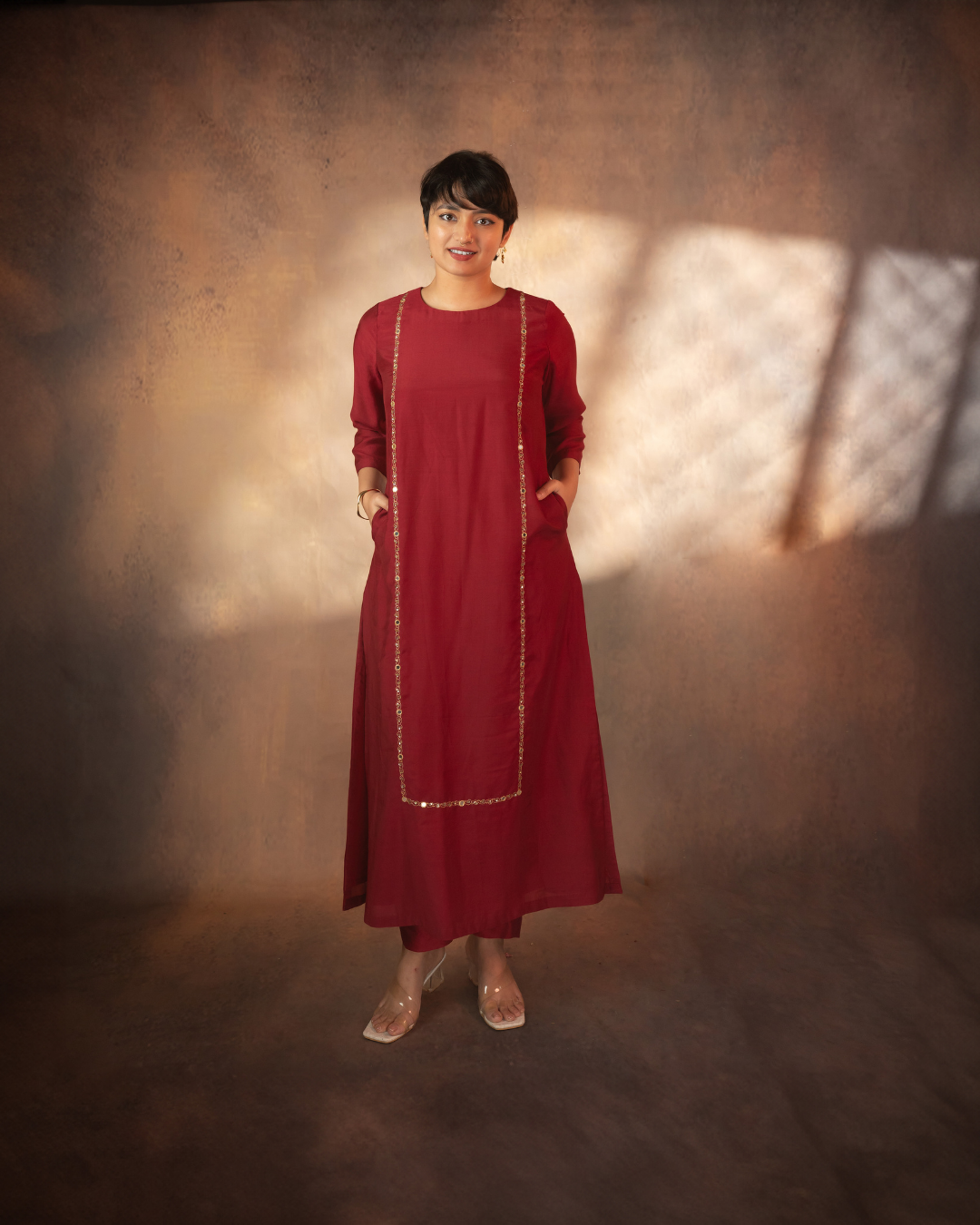 Surabhi | Maroon Muslin Silk Straight-fit Trousers