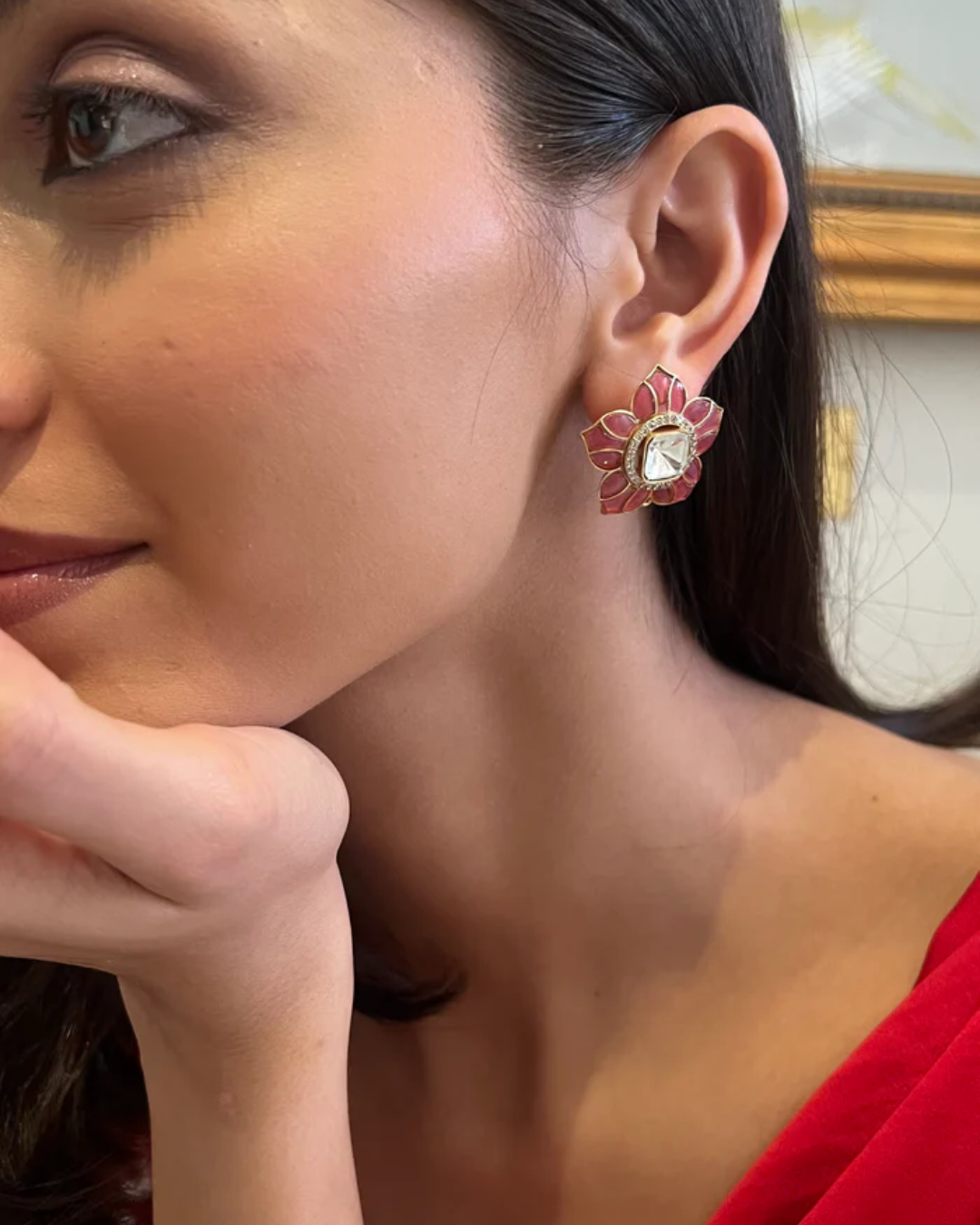 Shriya Flower Shaped Dark Pink Polki Earring