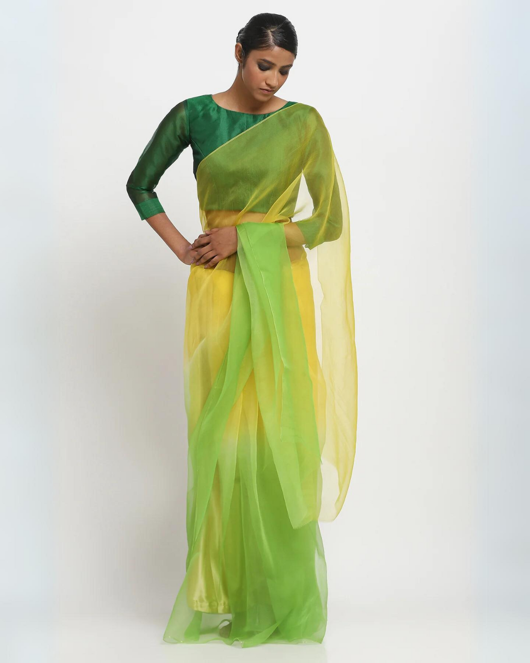 Yellow And Green Ombré Organza Saree