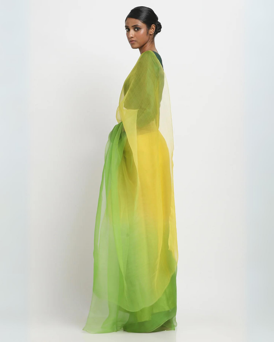 Yellow And Green Ombré Organza Saree