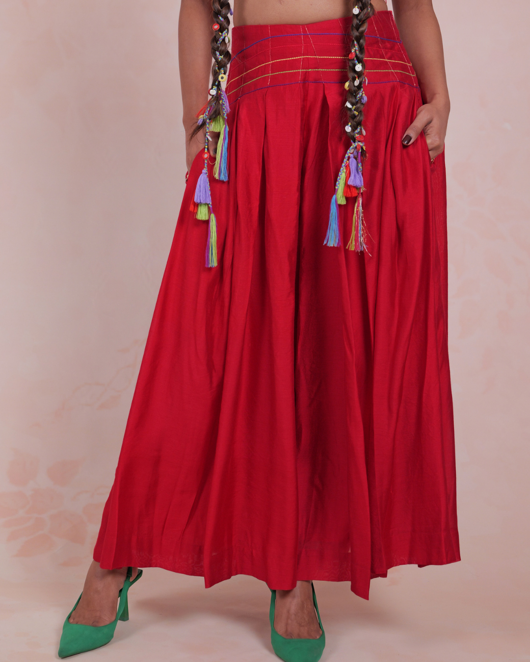 Manjari Red Crop Top and Pleated Trousers