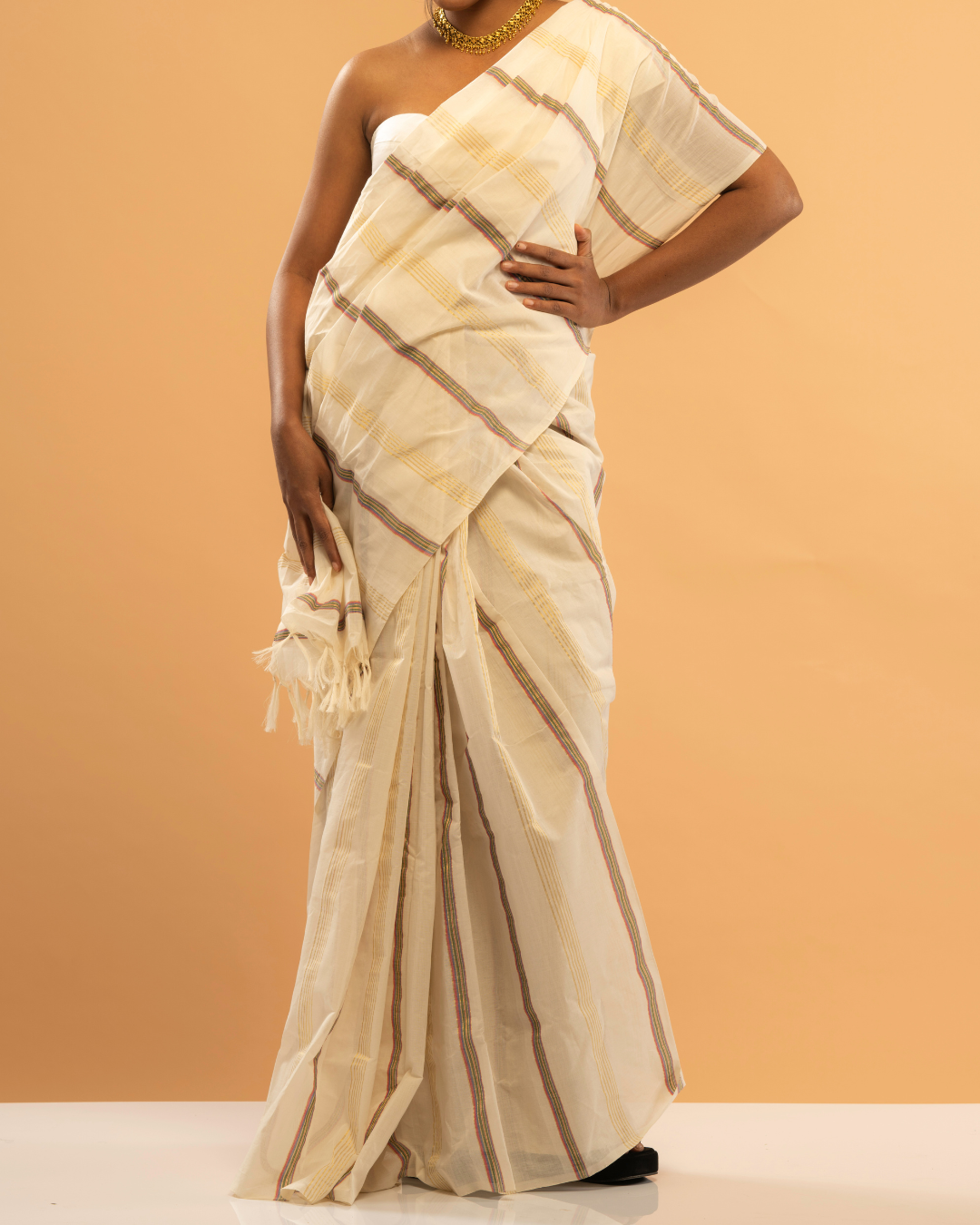 Mullapoov | Multicolor-Golden Close-Striped Kasavu Saree