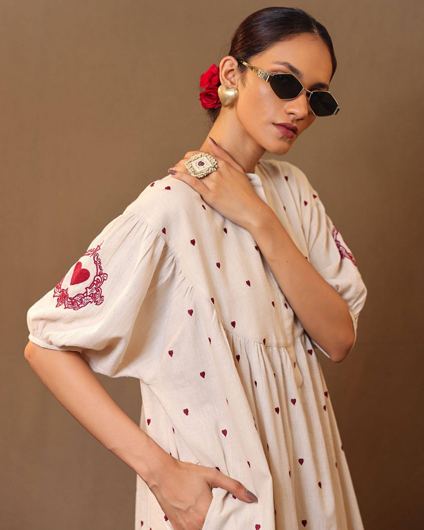 Off-White Heart EMB Acra Tunic Set (2 PCS)