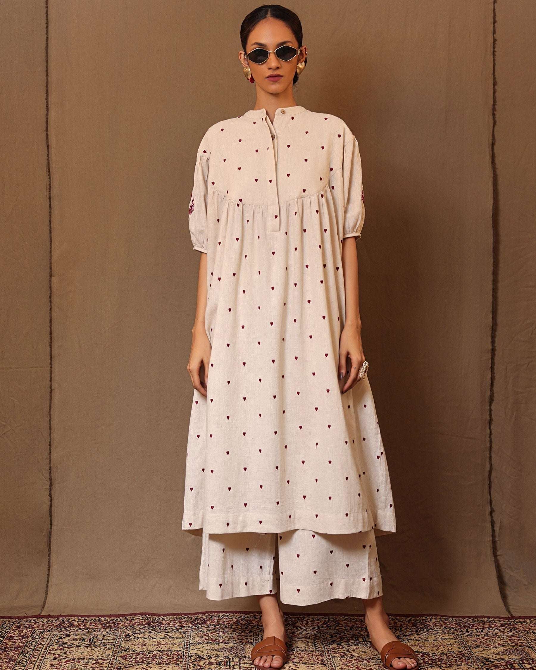 Off-White Heart EMB Acra Tunic Set (2 PCS)