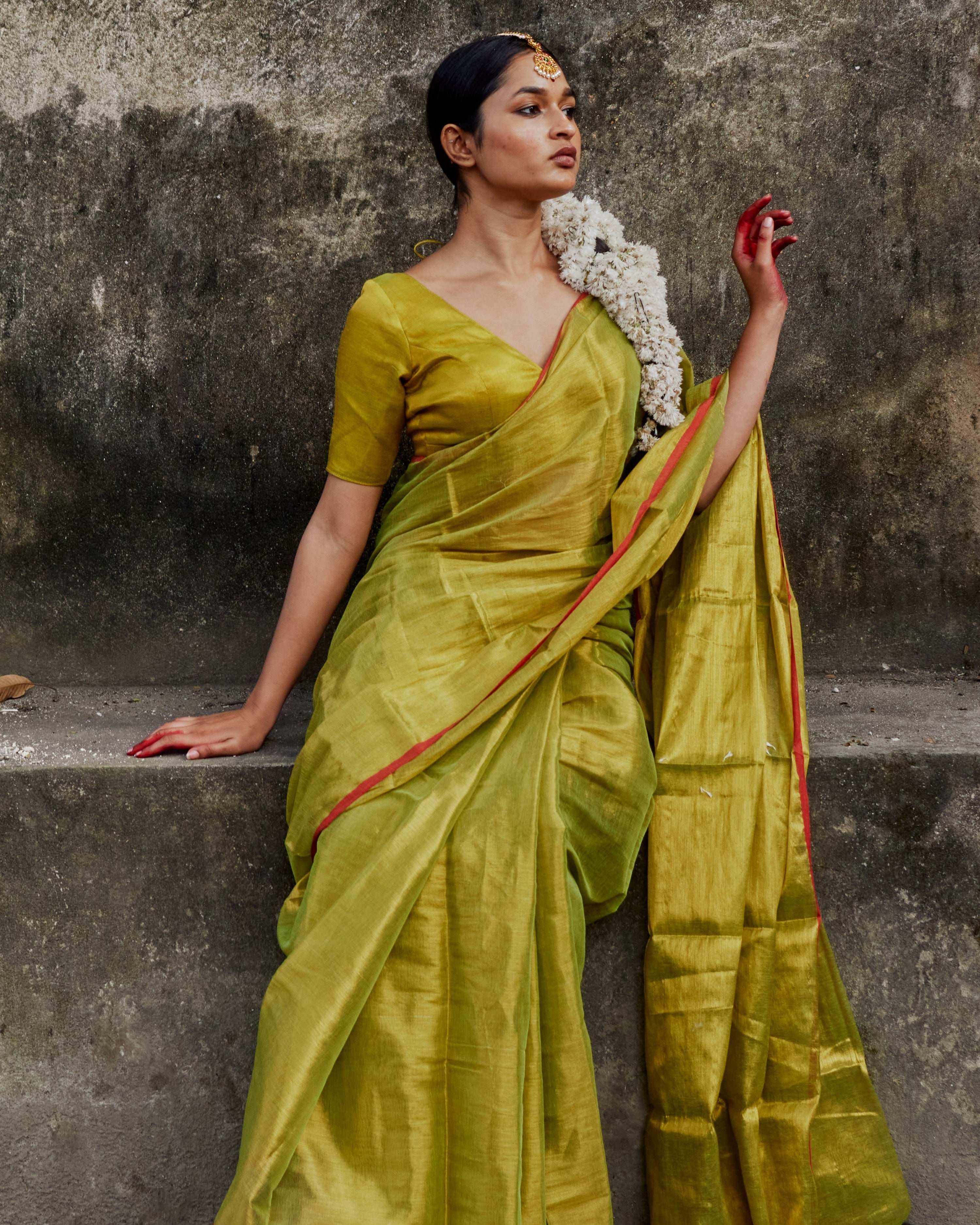 Kapittha I Neon Green Tissue Saree