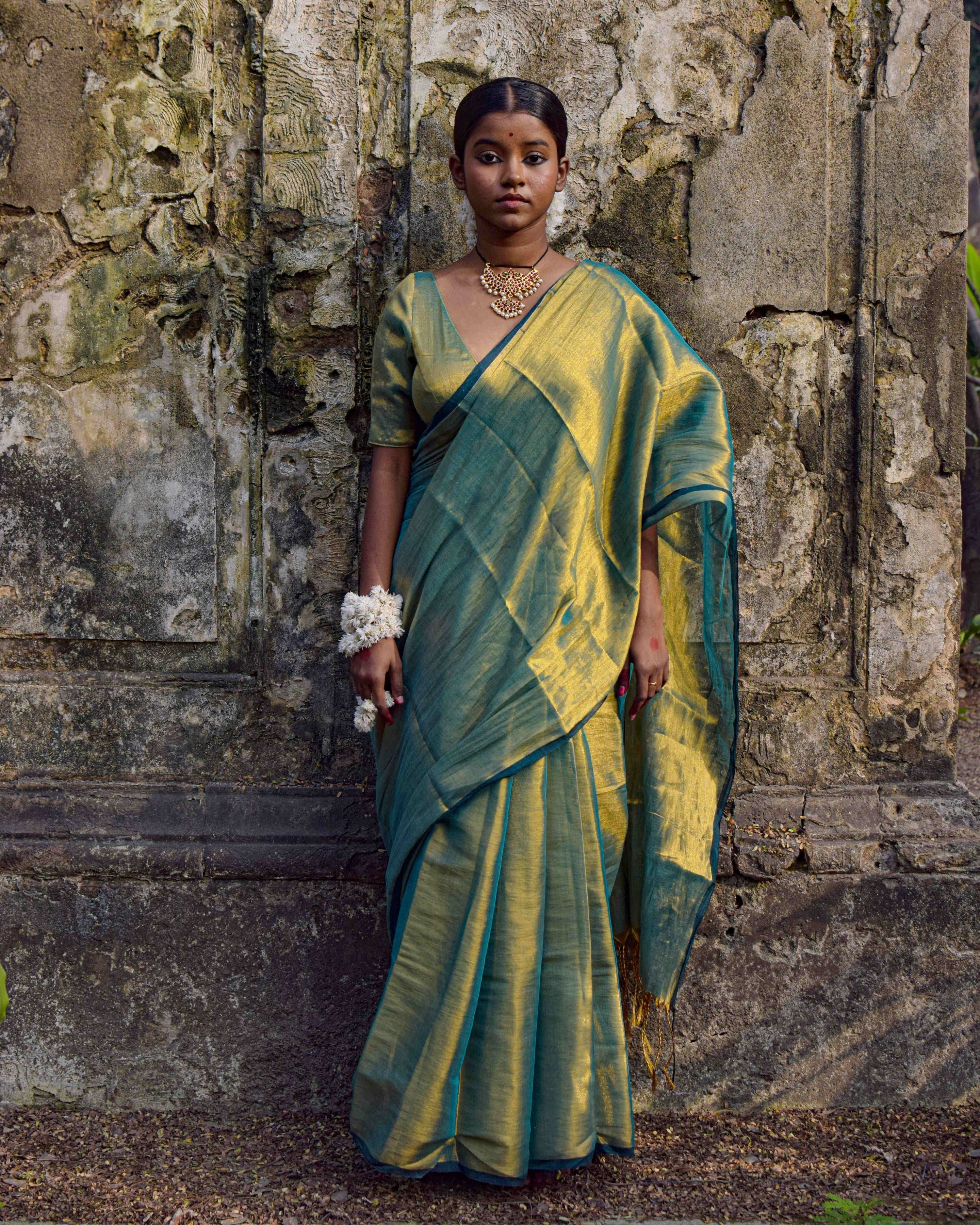 Pataka I Seagreen Dual tone Tissue Saree