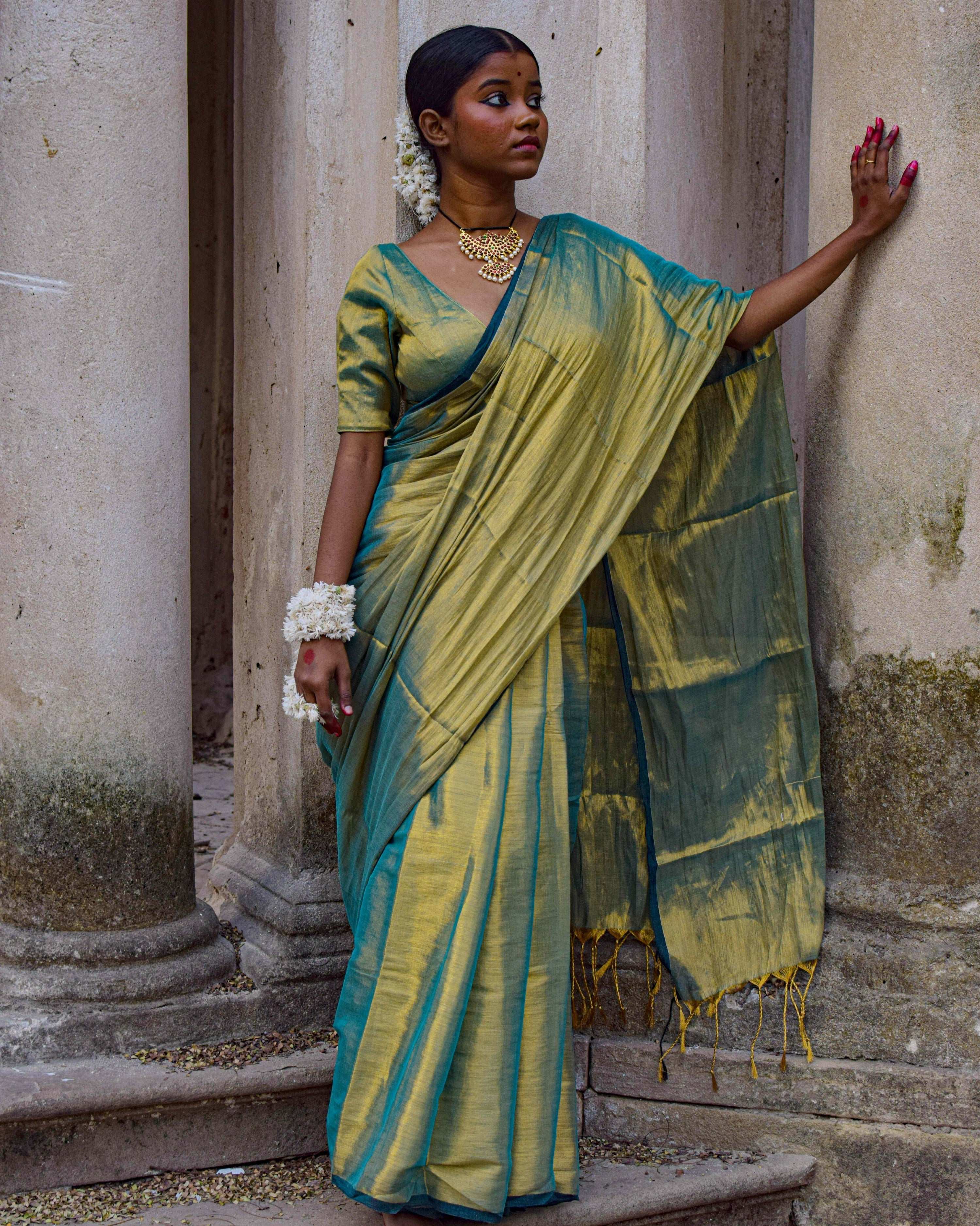 Pataka I Seagreen Dual tone Tissue Saree