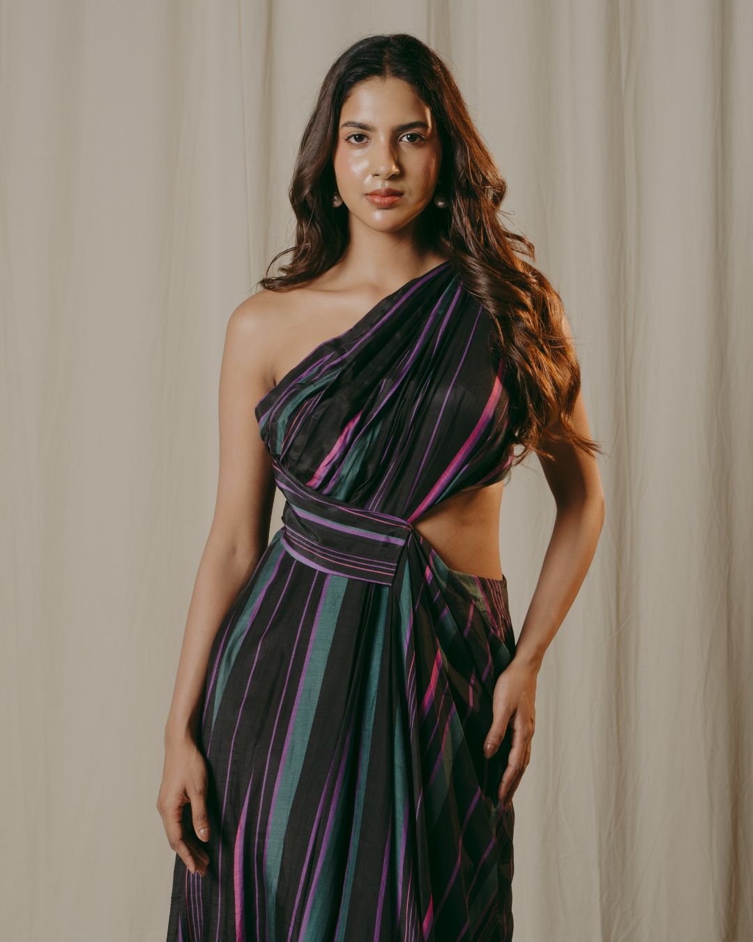 Cecily Black Striped Cupro Silk Drape Dress