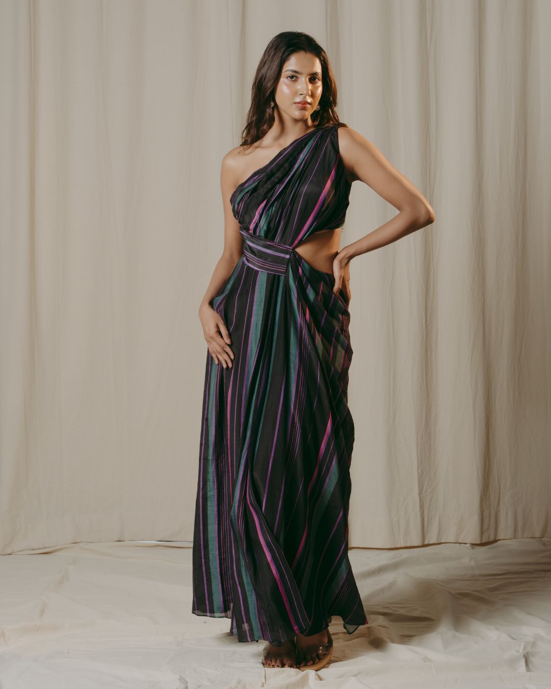Cecily Black Striped Cupro Silk Drape Dress