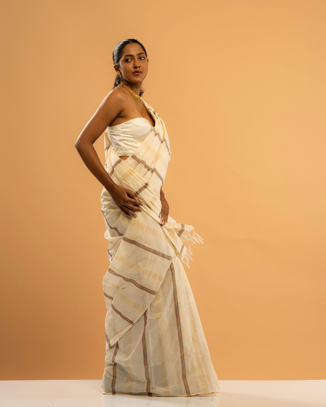 Mullapoov | Multicolor-Golden Close-Striped Kasavu Saree