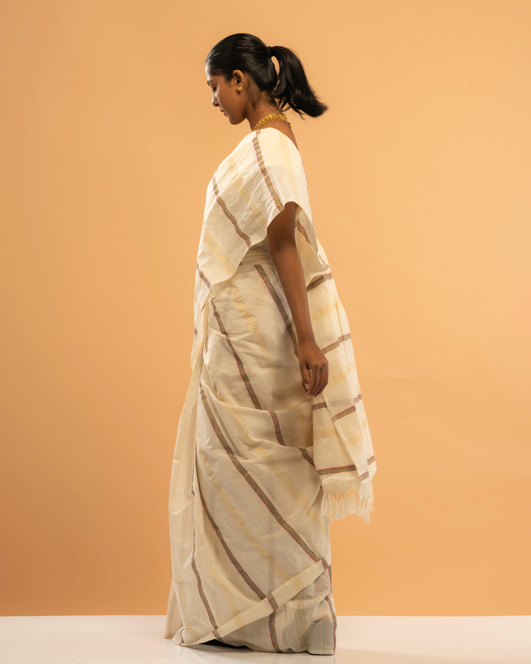 Mullapoov | Multicolor-Golden Close-Striped Kasavu Saree