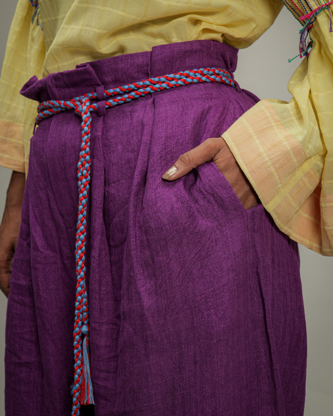 Sofia Purple Linen Trousers with Twisted Cord Belt