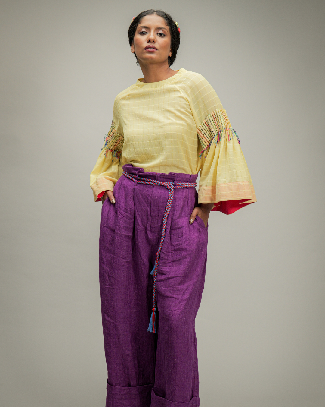 Sofia Purple Linen Trousers with Twisted Cord Belt