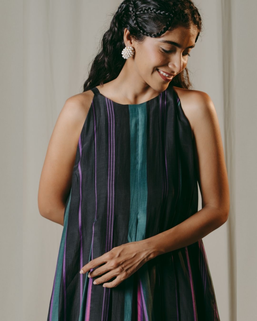 Nerina Black Striped Pleated Cupro Silk Dress