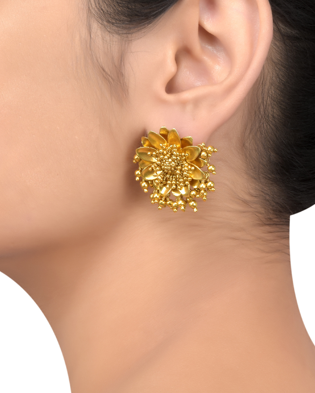 SILVER GOLD PLATED FLORAL BAAHUBALI EAR STUDS