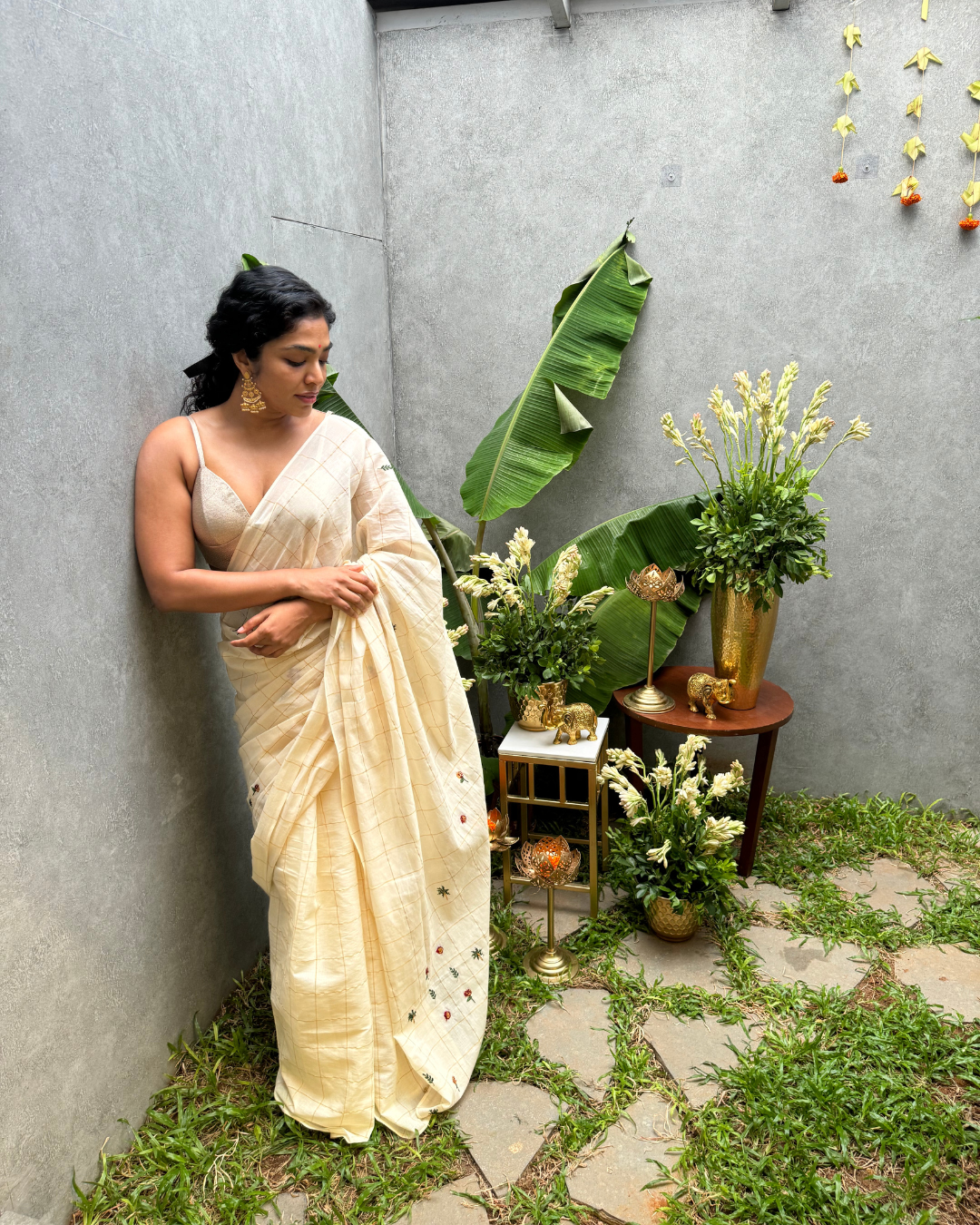 Sundari | Off-white Saree With Golden Checks and Hand Embroidery