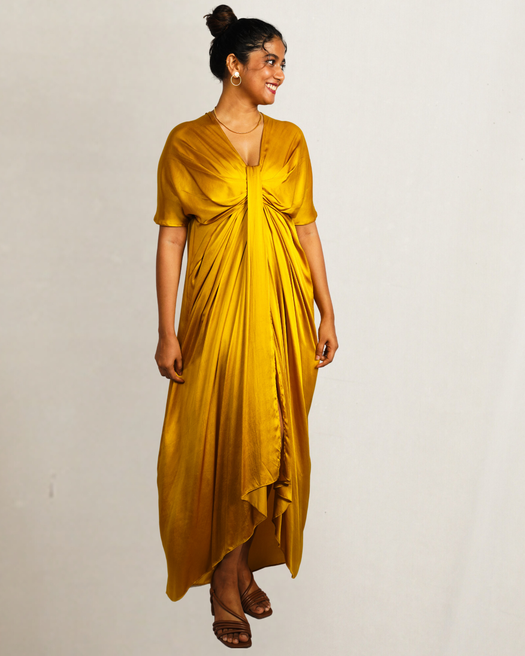 Yellow front draped dress