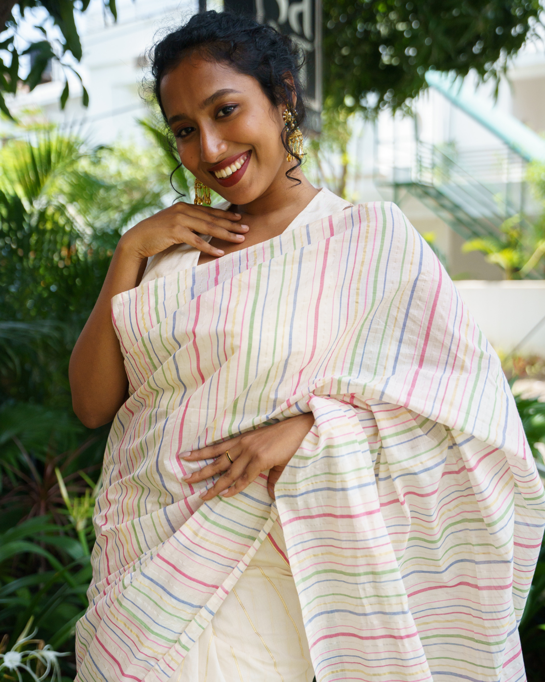 Mazhavillu | Multicolor Wide-Striped Kasavu Saree