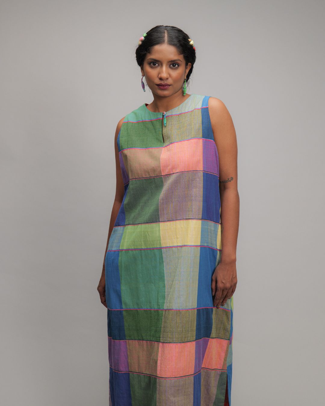 Theresa Multicolor Handwoven Checks Straight Fit Two Way Dress