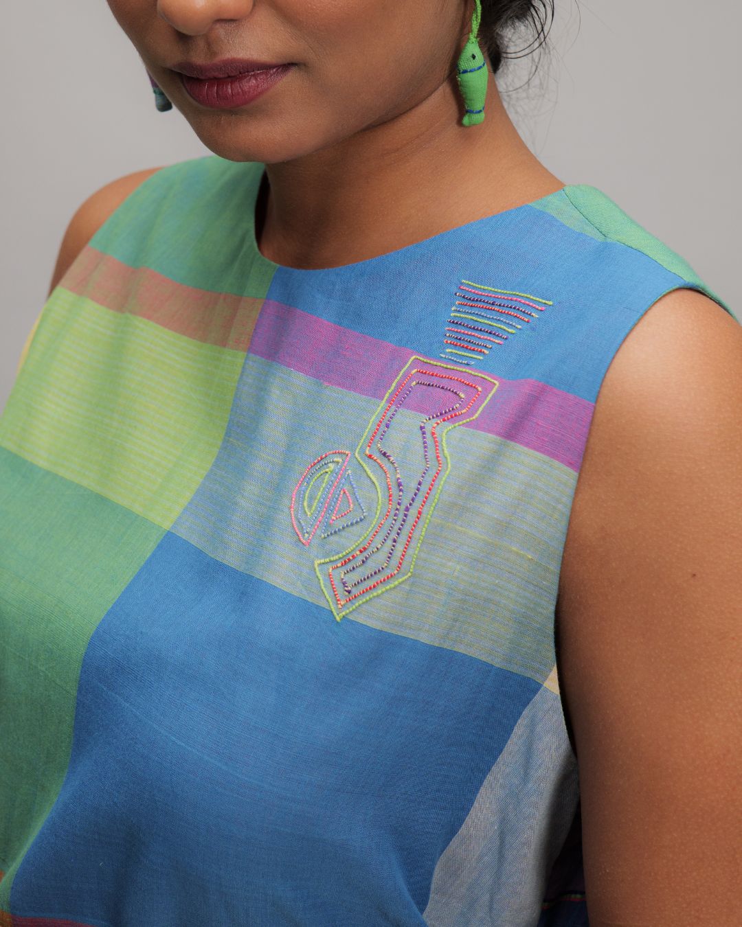 Theresa Multicolor Handwoven Checks Straight Fit Two Way Dress