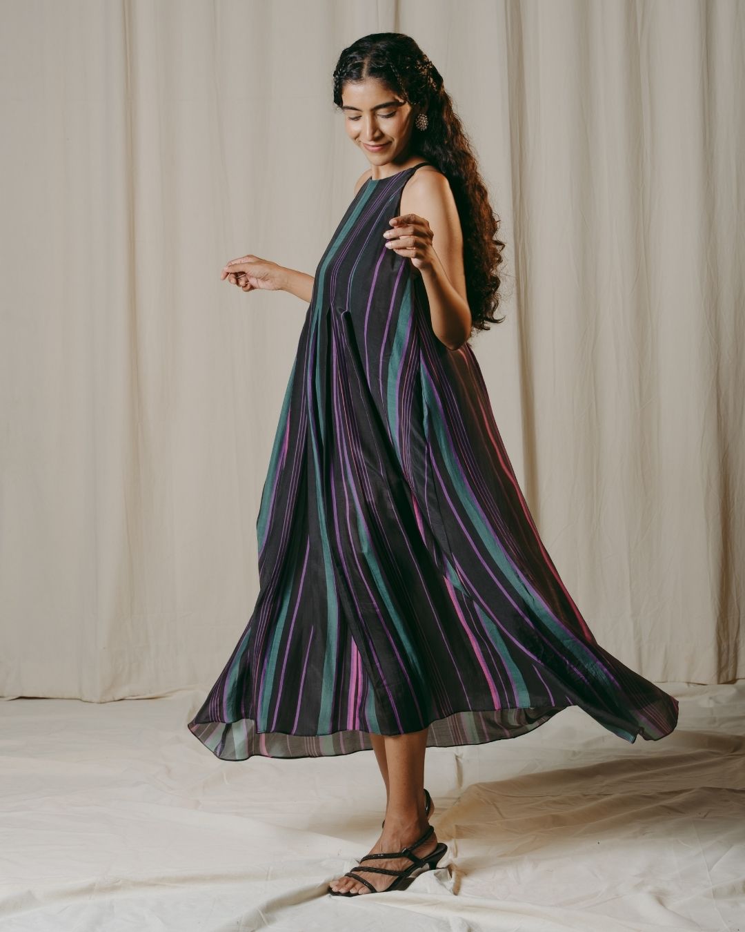 Nerina Black Striped Pleated Cupro Silk Dress