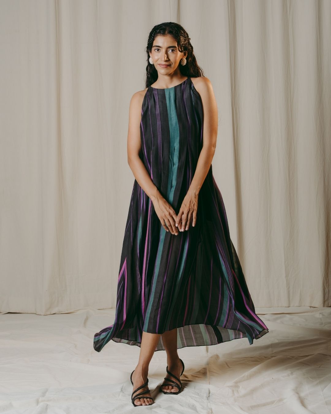 Nerina Black Striped Pleated Cupro Silk Dress