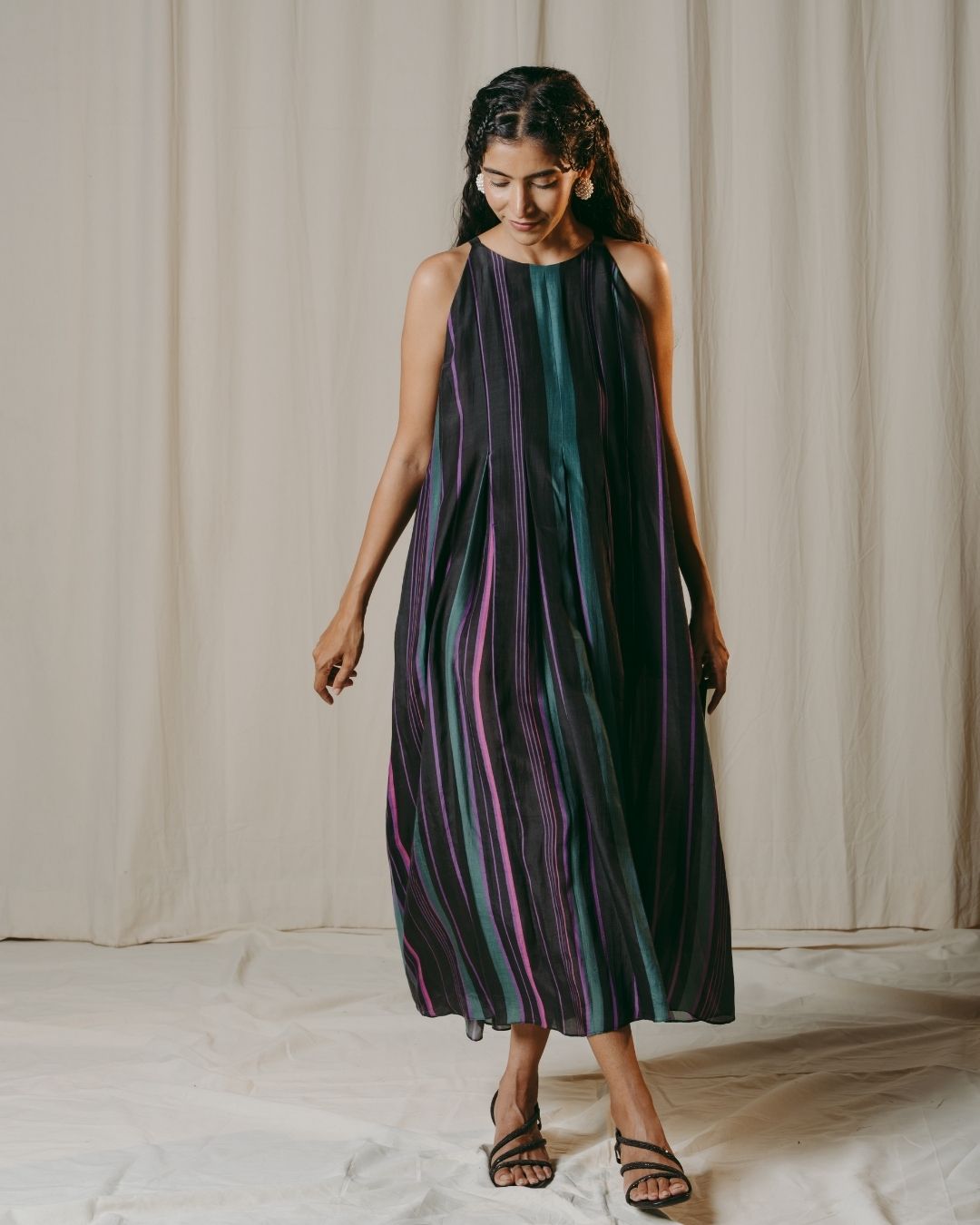 Nerina Black Striped Pleated Cupro Silk Dress