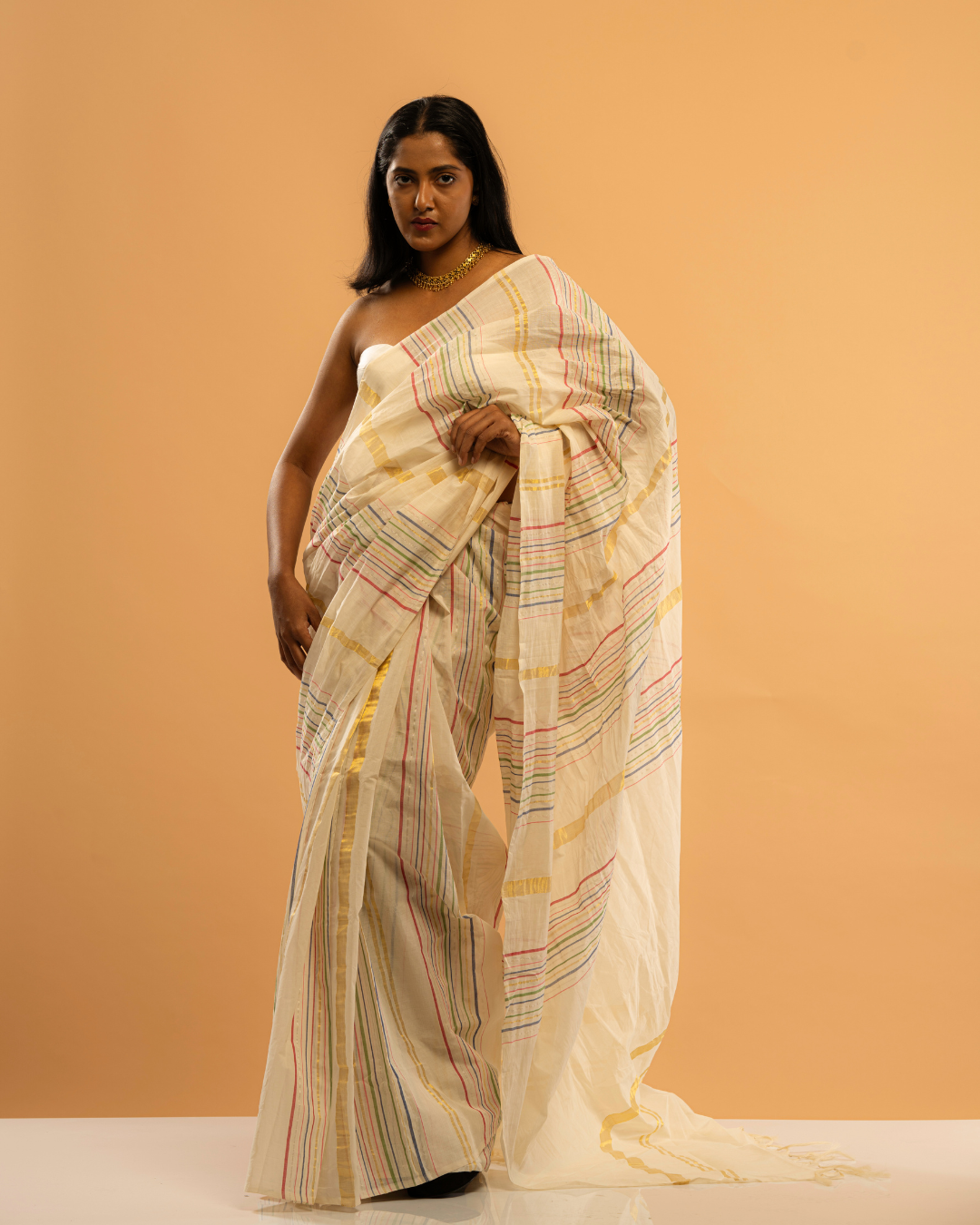 Raangini | Multicolour Wide-Striped Kasavu Saree