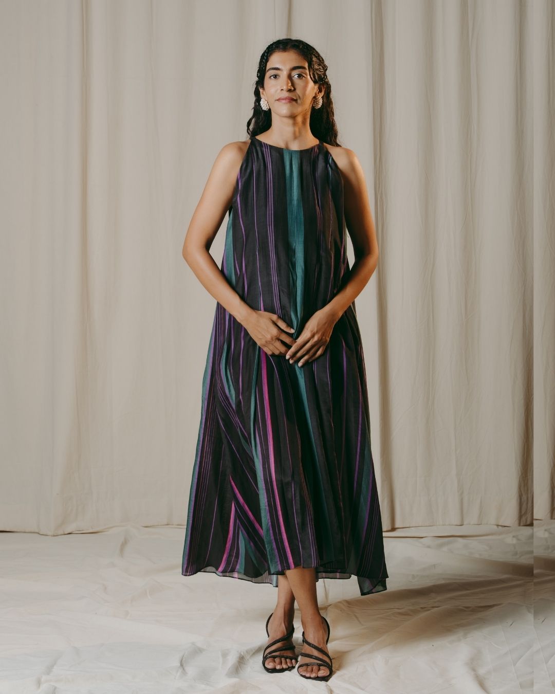 Nerina Black Striped Pleated Cupro Silk Dress