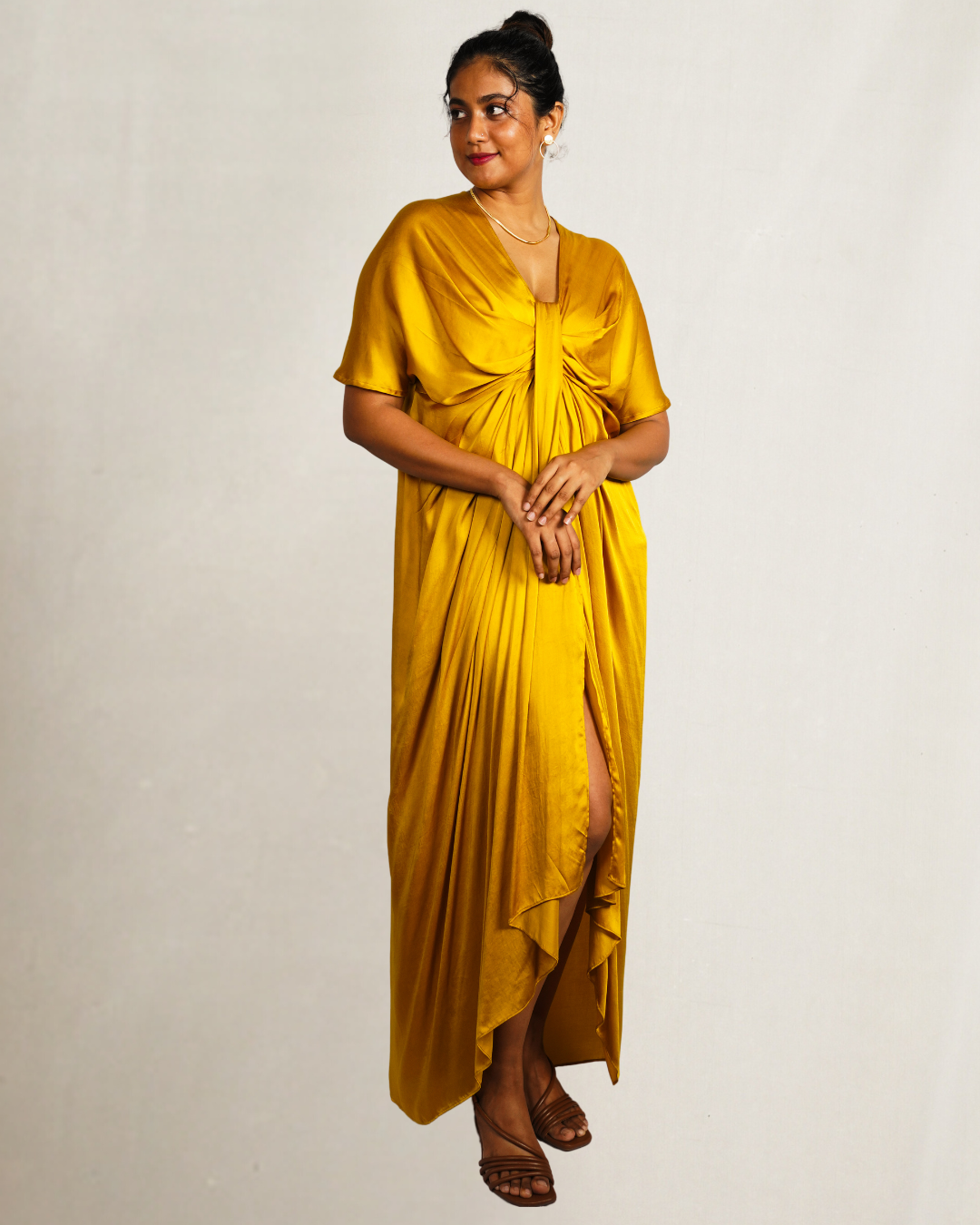 Yellow front draped dress