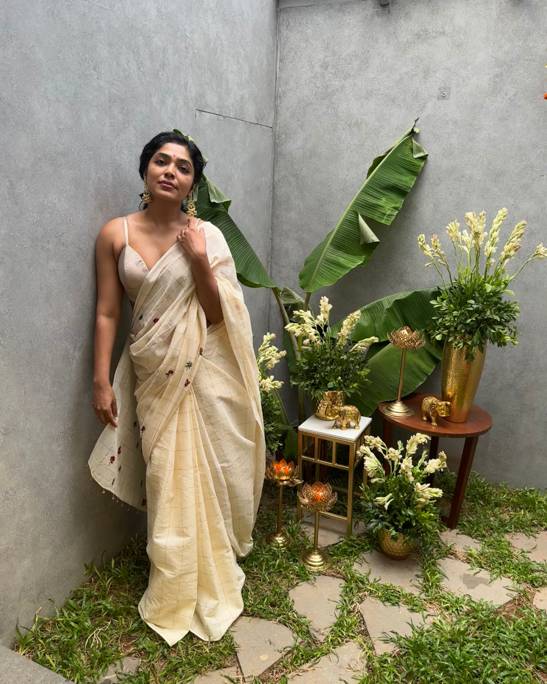 Sundari | Off-white Saree With Golden Checks and Hand Embroidery