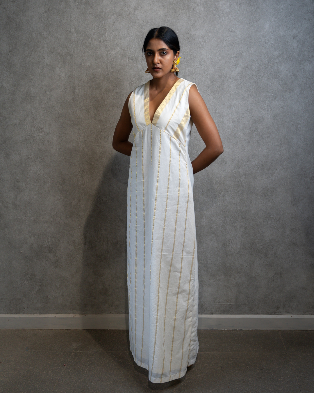Suvarnam | Deep V-neck Kasavu Dress Suvarnam | Deep V-neck Kasavu Dress
