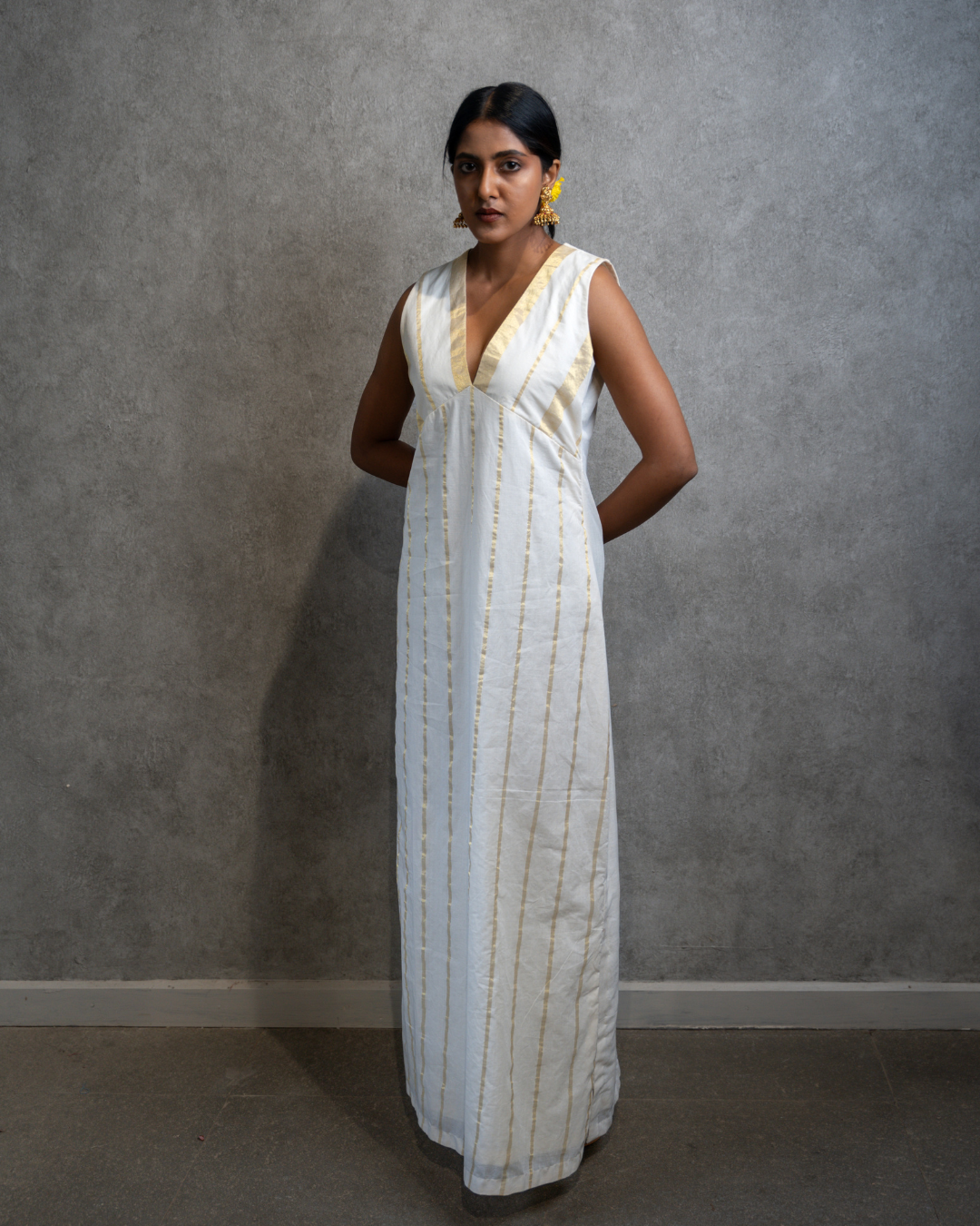 Suvarnam | Deep V-neck Kasavu Dress