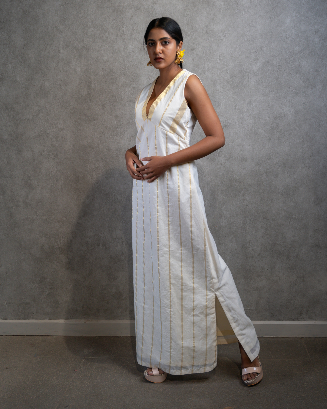 Suvarnam | Deep V-neck Kasavu Dress