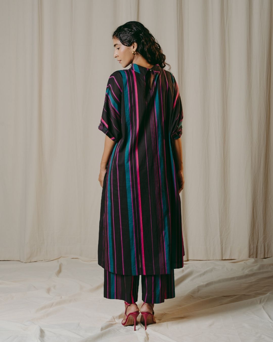Romina Black Striped Cotton Tunic Co-ord Set