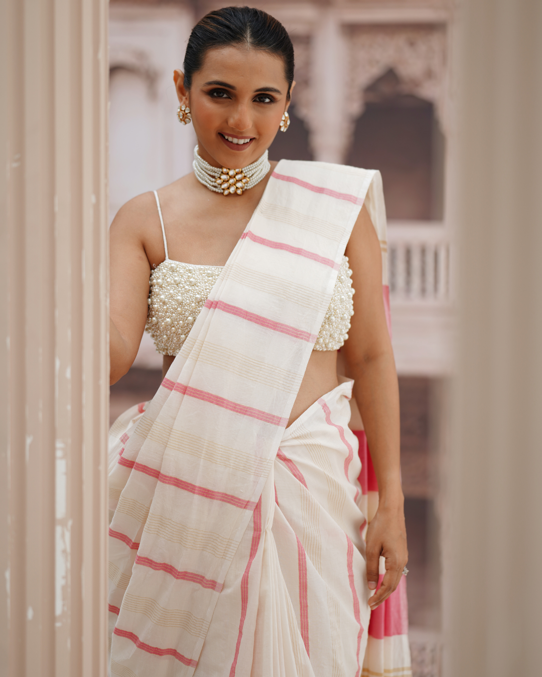 Madhurima | Pink-Golden Stripe Kasavu Saree