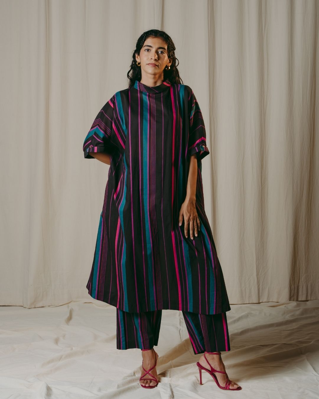 Romina Black Striped Cotton Tunic Co-ord Set
